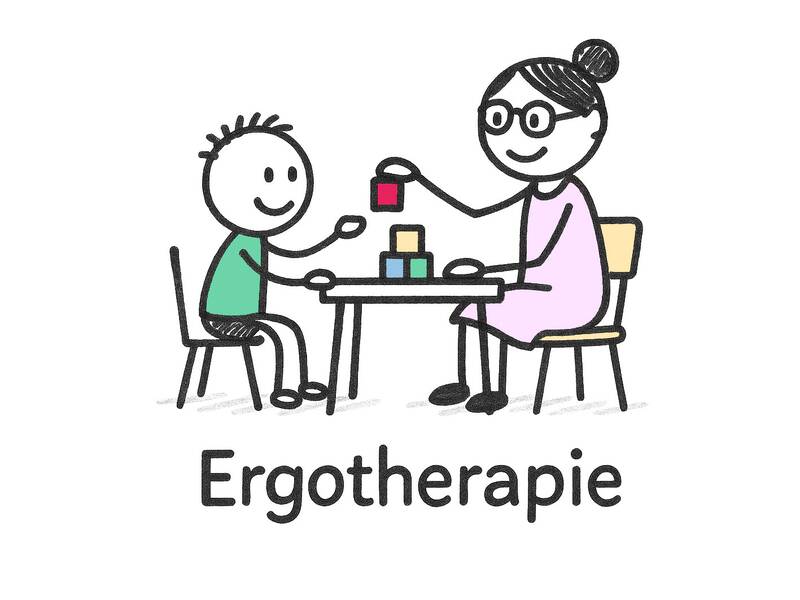 Strichmännchen. Eine Frau und ein Kind sitzen an einem Tisch und stapeln Klötze.