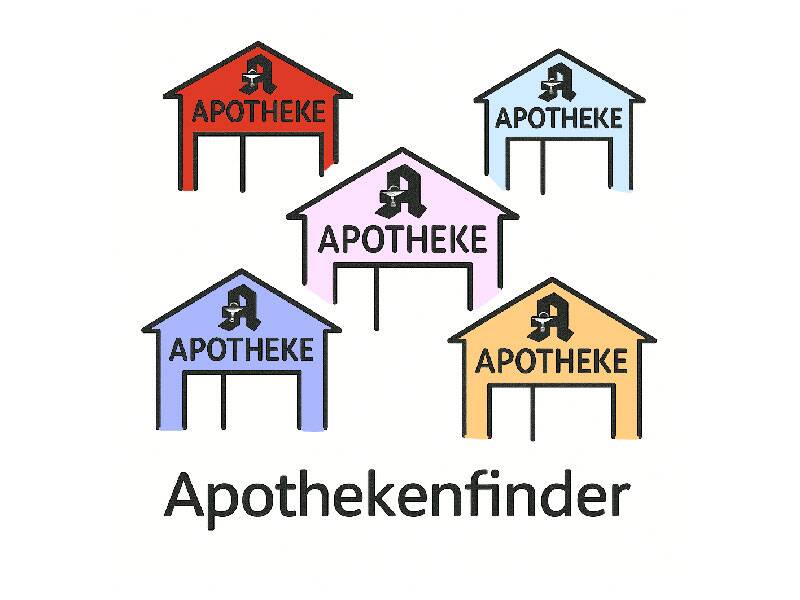 Fünf gezeichnete Gebäude mit der Aufschrift "Apotheke".