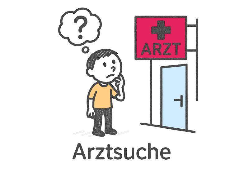 Strichmännchen. Ein Mann steht ratlos vor einer Tür unter dem Schild "Arzt".