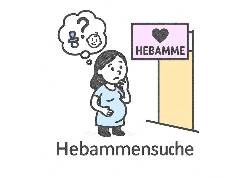 Strichmännchen. EIne schwangere Frau steht verwirrt vor einem Schild mit der Aufschrift "Hebamme".