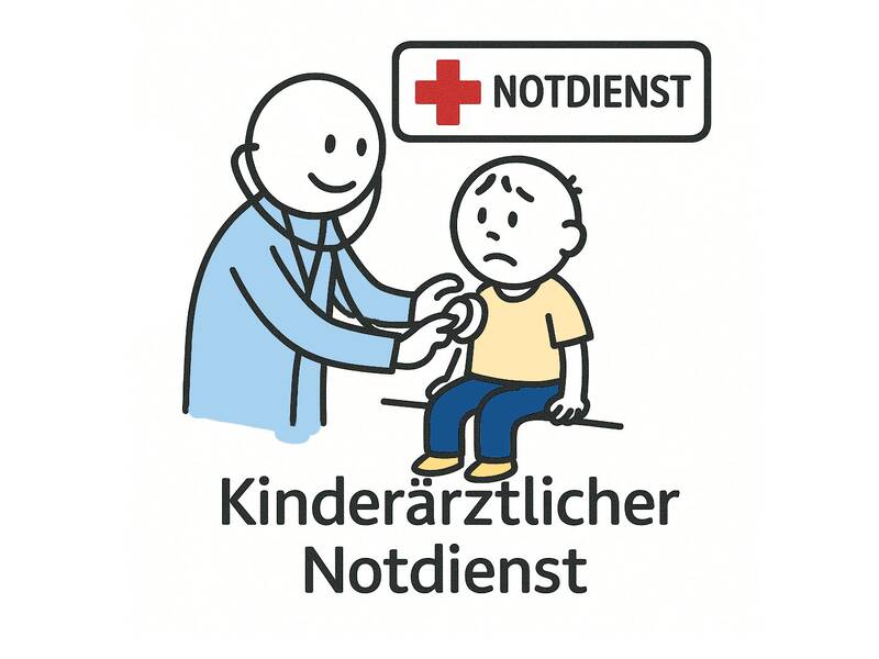 Strichmännchen. Ein Kind beim Arzt, der Arzt hört das Kind mit Stethoskop ab.
