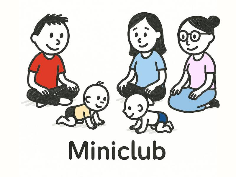 Strichmännchen. Zwei Frauen und ein Mann sitzen auf dem Boden, im Vordergrund krabbeln zwei Kinder,
