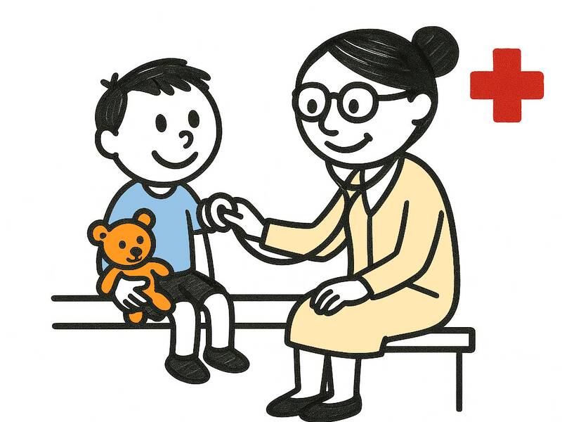 Strichmännchen. Illustration eines Kindes beim Kinderarzt.