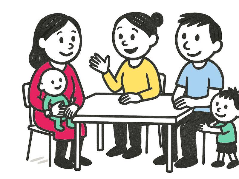 Strichmännchen. Drei Erwachsene und zwei kleine Kinder, darunter ein Baby, sitzen und stehen lächelnd um einen Tisch.