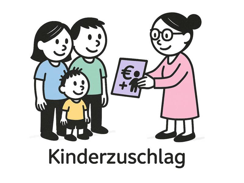 Strichmännchen. Eine Beraterin überreicht einer kleinen Familie eine Mappe mit einem Symbol für finanzielle Unterstützung für Kinder. Die Familie steht eng beisammen und wirkt freundlich.