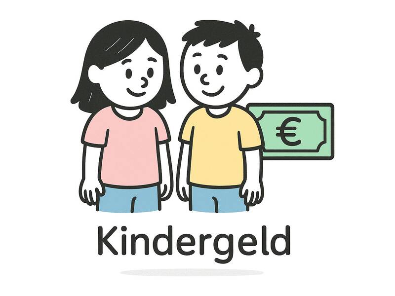 Strichmännchen. Ein Junge und ein Mädchen stehen nebeneinander und lächeln. Hinter ihnen ist ein Geldschein mit Euro-Zeichen zu sehen.