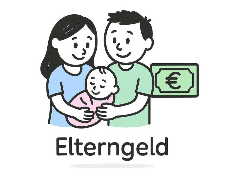 Strichmännchen. Ein Mutter- und Vaterpaar hält gemeinsam ihr Baby im Arm. Neben ihnen ist ein Geldschein mit Euro-Symbol zu sehen.