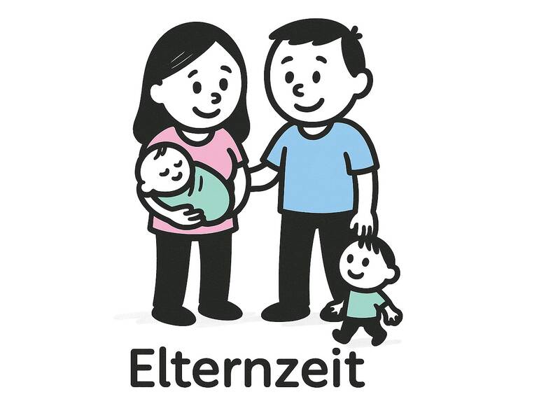 Strichmännchen. Ein Paar steht nebeneinander und die Mutter hält ein Baby; daneben steht ein kleines laufendes Kind. Alle wirken fröhlich und entspannt.