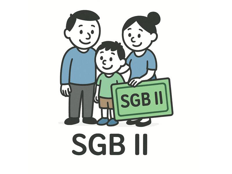 Strichmännchen. Eine Familie mit zwei Eltern und einem Kind steht eng beisammen und hält ein großes Schild mit der Aufschrift „SGB II“. Das Kind steht in der Mitte und lächelt.