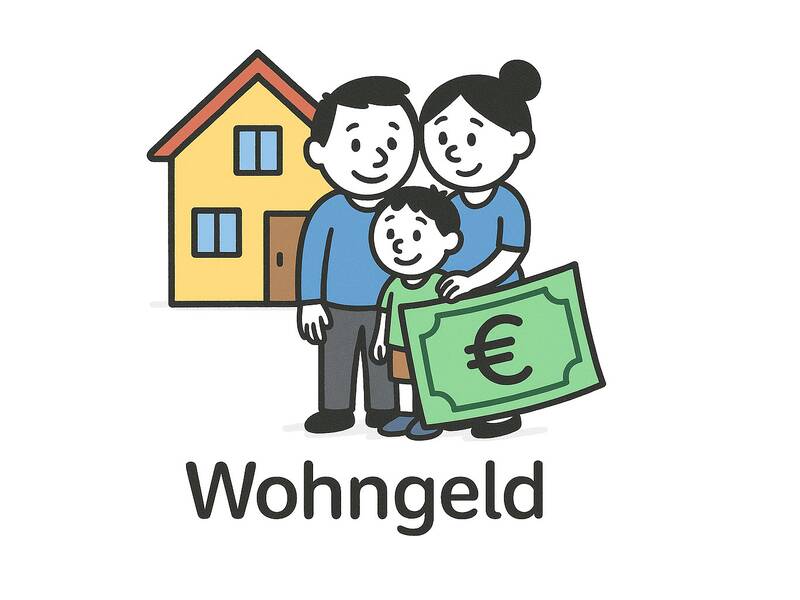 Strichmännchen. Eine Familie steht vor einem Haus und hält einen großen Geldschein mit Euro-Symbol. Alle drei Personen wirken zufrieden.