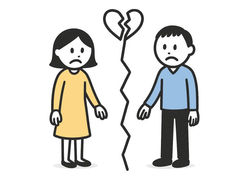 Strichmännchen. Ein Mann und eine Frau stehen traurig voneinander getrennt, zwischen ihnen eine gezackte Linie und ein gebrochenes Herz. Beide schauen niedergeschlagen.