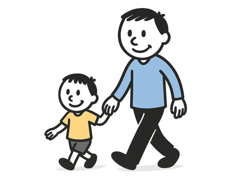 Vater und Sohn laufen und halten sich dabei an der Hand.