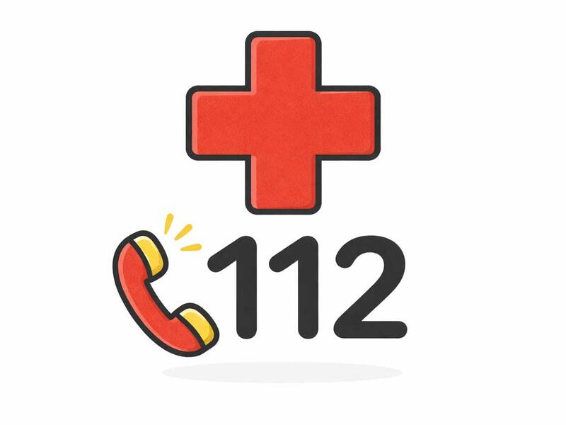 Ein rotes Kreuz über der Zahl 112 mit einem stilisierten Telefonhörer daneben.