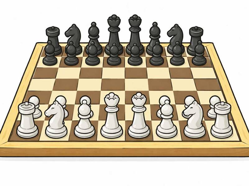 Ein Schachbrett mit weißen und schwarzen Figuren, die in der Startposition angeordnet sind.