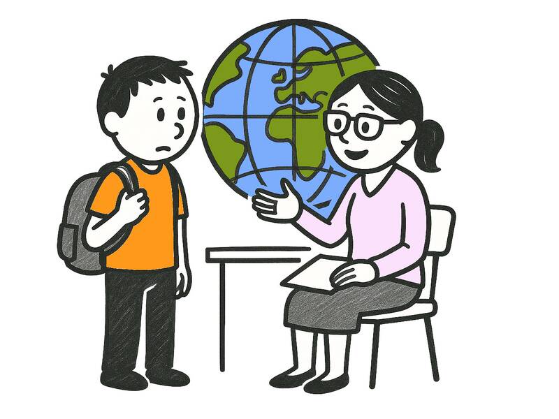 Ein Junge mit Rucksack steht vor einer sitzenden Frau, die Brille trägt und ihm etwas erklärt, während im Hintergrund ein Globus zu sehen ist.
