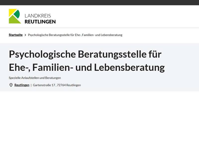 Das Bild zeigt die Webseite der psychologischen Beratungsstelle für Ehe-, Familien- und Lebensberatung im Landkreis Reutlingen mit einer Adresse und einem Logo.