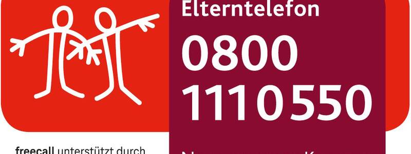 Das Bild zeigt das Logo und die Telefonnummer des "Elterntelefons" mit der Nummer 0800 1110550, unterstützt durch die Deutsche Telekom, vor einem roten Hintergrund mit weißen Strichmännchen.