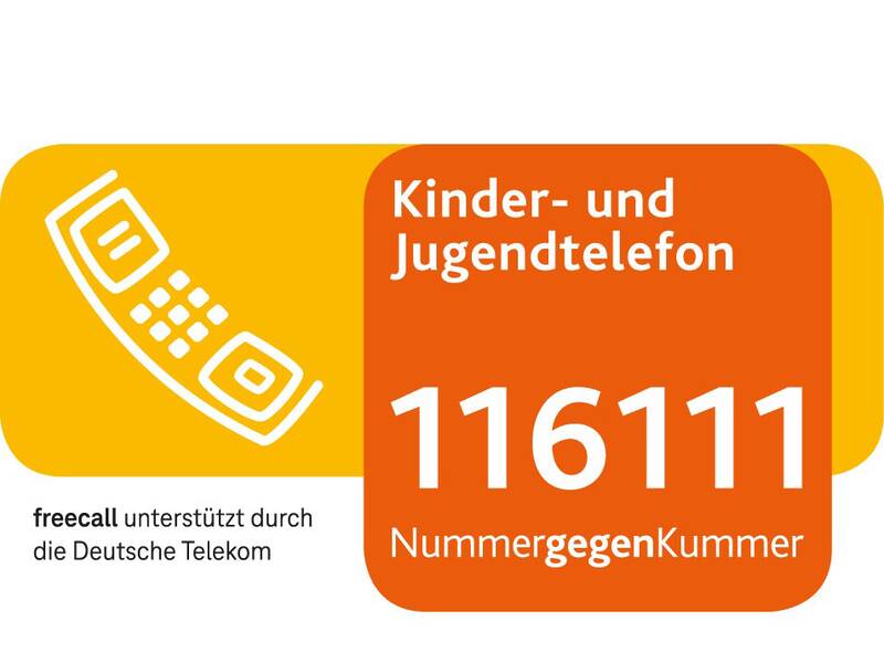 Die Grafik zeigt das Logo des Kinder- und Jugendtelefons mit der Nummer 116111 und dem Slogan "NummergegenKummer", unterstützt von der Deutschen Telekom.