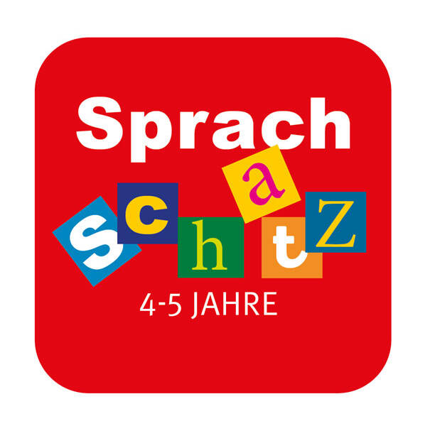 Ein rotes Quadrat zeigt das Wort "Sprachschatz", wobei die Buchstaben "s", "c", "h", "a", "t" und "z" in bunten, versetzten Quadraten dargestellt sind, begleitet von der Altersangabe "4-5 Jahre".