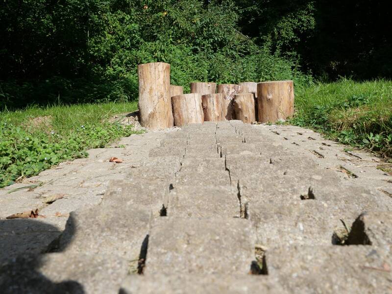 Ein Weg aus groben Betonsteinen führt aufrecht zu einer Reihe aufgestellter Baumstämme.