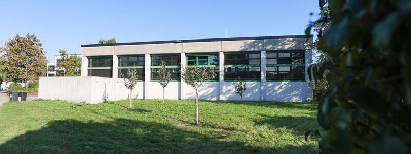 Gewerbliche Schule. Eine moderne, rechteckige Gebäudestruktur mit großen Fenstern steht hinter einer Wiese mit einigen jungen Bäumen, unter einem klaren blauen Himmel.