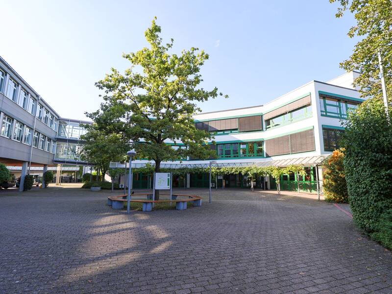 Gewerbliche Schule. Ein moderner Schulhof mit gepflastertem Boden, einem großen Baum in der Mitte und einem mehrstöckigen Schulgebäude im Hintergrund.