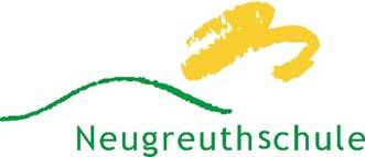 Das Bild zeigt das Logo der Neugreuthschule mit einem grünen Bogen und einer gelben Pinselstrichform darüber.