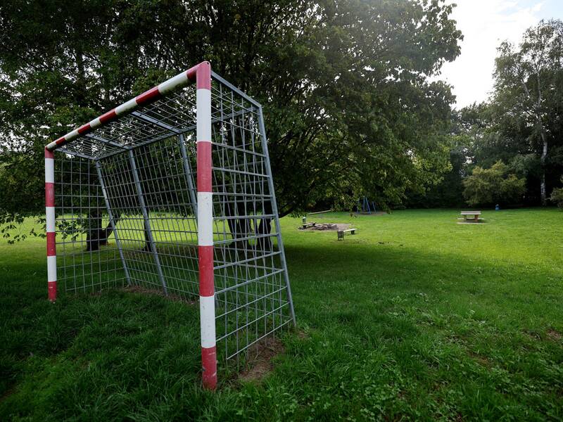 Ein Fußballtor auf einer Wiese, im Hintergrund Bäume.