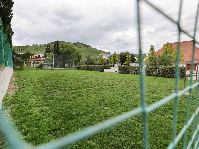 Auf einer eingezäunten Wiese mit Blick auf Weinberge ist ein kleiner Bolzplatz zu sehen.