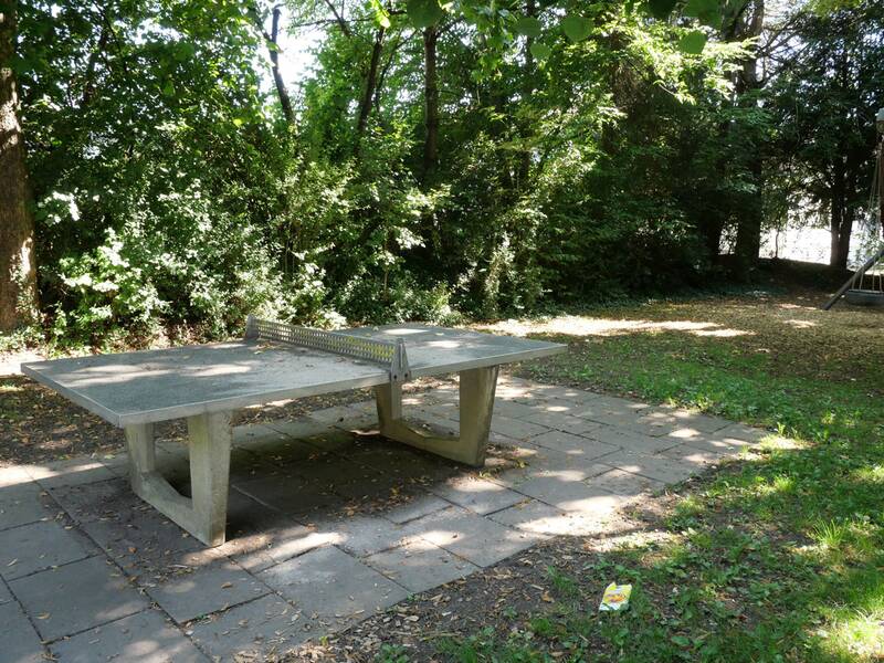 Eine Tischtennisplatte aus Beton vor einem Hintergrund aus grünen Bäumen.