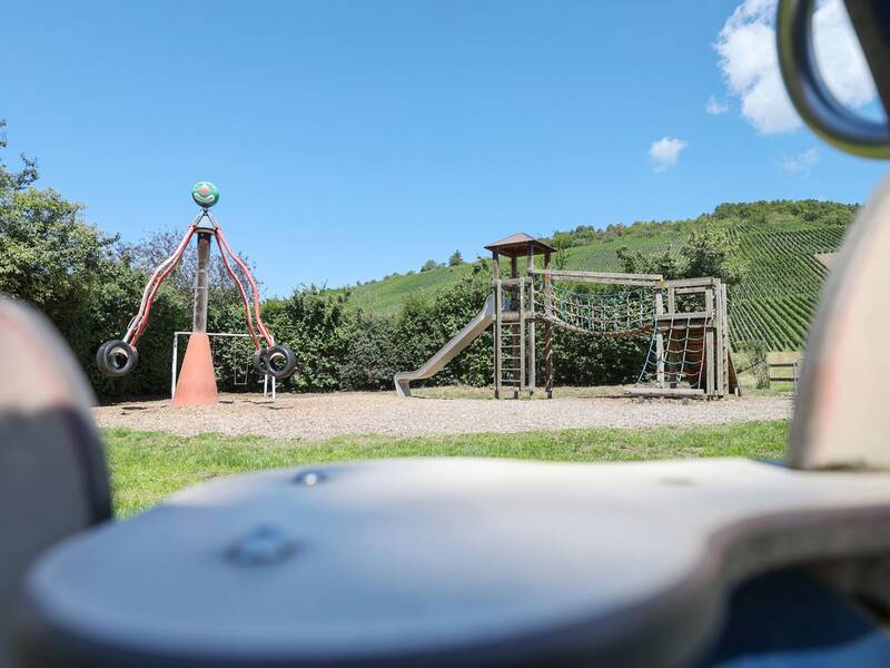 Zu sehen ist ein Spielplatz mit Kletterturm, Rutsche und einem rot-grauen Drehkarussell mit hängenden Reifen.