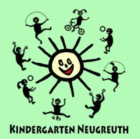 Das Bild zeigt eine fröhliche Sonne mit Gesicht, umgeben von tanzenden und spielenden Kindern, mit der Aufschrift "Kindergarten Neugreuth" darunter.