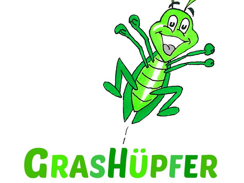Ein fröhlich hüpfender, grüner Grashüpfer ist über die Worte "Grashüpfer Naturkindergarten Metzingen e.V." dargestellt.