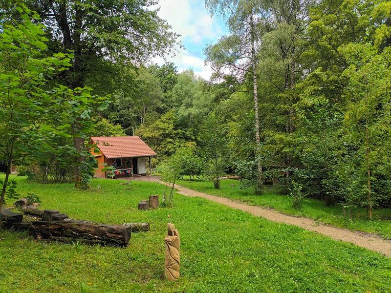 Eine gemütliche Holzhütte mit rotem Dach steht inmitten einer grünen Waldlandschaft, umgeben von Bäumen und einer Wiese mit einem Pfad im Vordergrund.