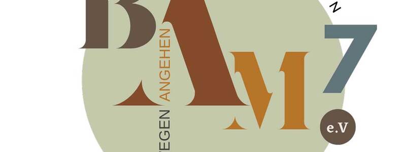 Das Logo zeigt ein kreisförmiges Design mit den Worten "Bewegen Angehen Metzingen e.V." und den Buchstaben "BAM7" in verschiedenen Brauntönen.