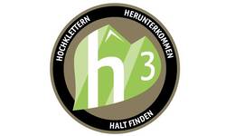 Logo des h3 mit weißer Schrift auf stilisierten Bergen-