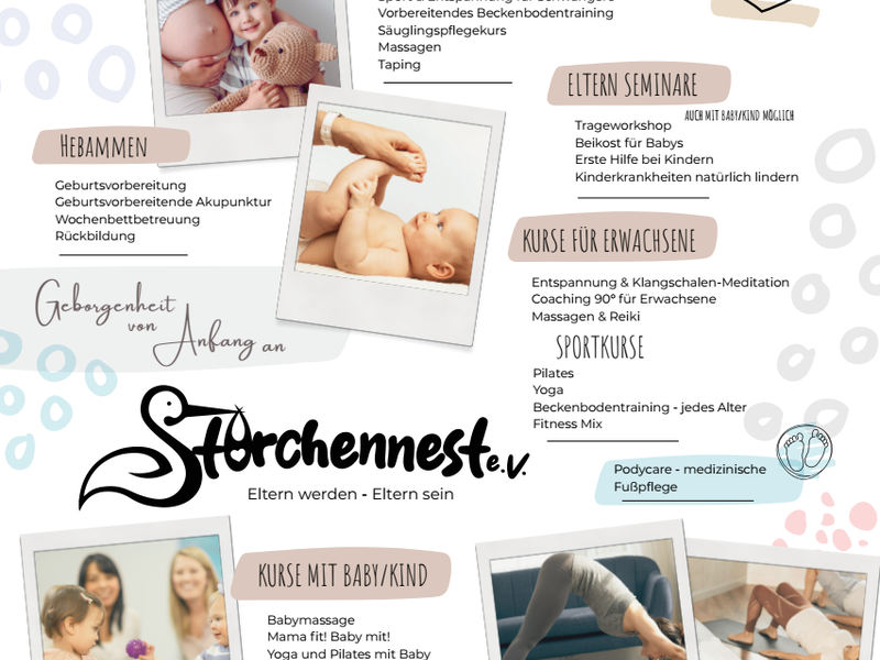 Ein Flyer mit dem Titel "Unser Kursangebot" bietet verschiedene Kurse und Seminare für Schwangerschaft, Eltern, Babys und Sport an und ist mit Fotos von Eltern und Babys illustriert.