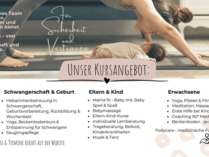 Eine Frau macht Yoga auf einer Matte mit einem Baby im Hintergrund, daneben ist ein Text mit Informationen zu verschiedenen Kursangeboten für Schwangerschaft, Eltern und Kinder sowie Erwachsene abgebildet.