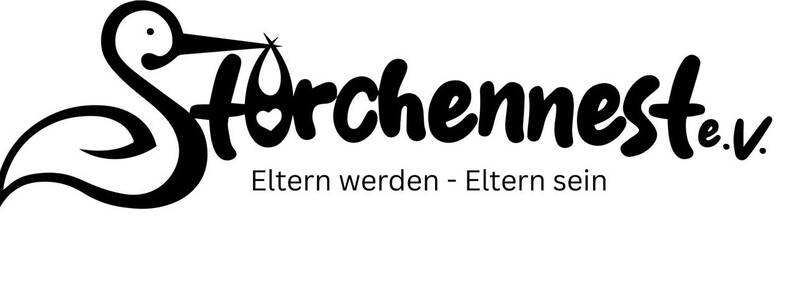 Das Bild zeigt ein Logo mit einem stilisierten Storch und dem Schriftzug "Storchennest e.V." sowie dem Slogan "Eltern werden - Eltern sein".