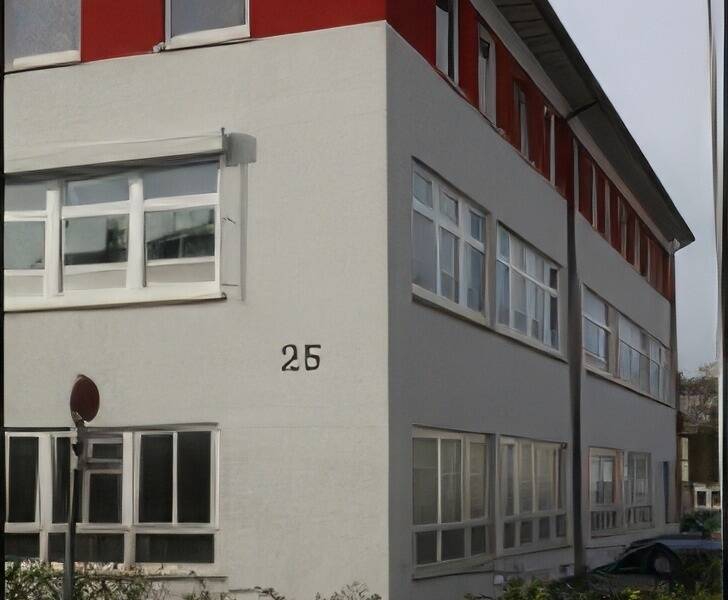 Das Bild zeigt ein modernes, helles Gebäude mit rotem Obergeschoss, vielen Fenstern und der Hausnummer 25 an einer ruhigen Straßenecke.