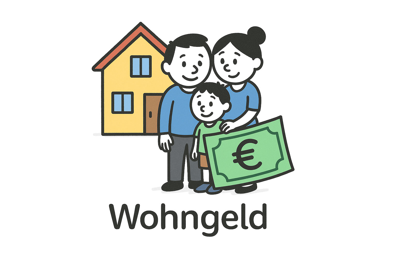 Strichmännchen. Eine Familie steht vor einem Haus und hält einen großen Geldschein mit Euro-Symbol. Alle drei Personen wirken zufrieden.